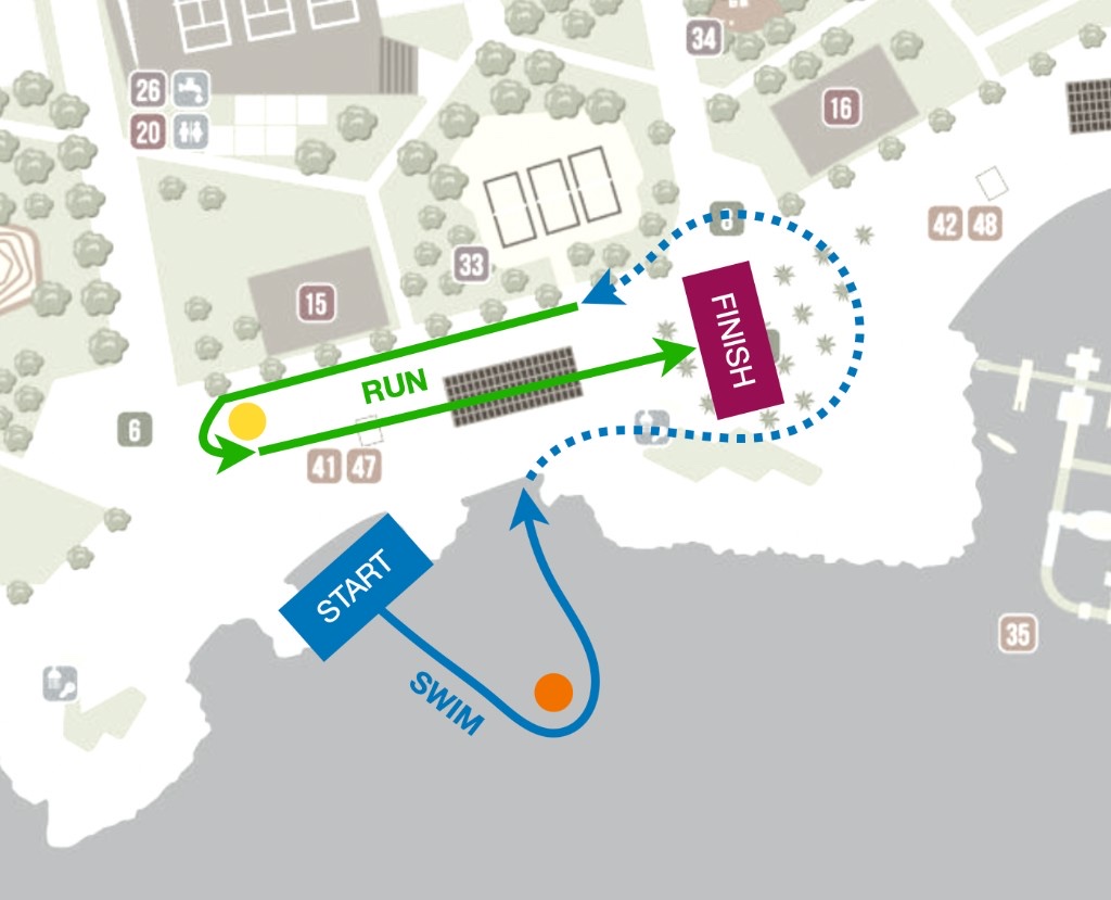 Kids aquathlon course map at Žnjan — short swim and run to finish