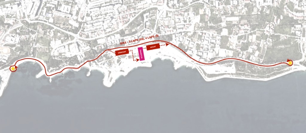 Bike course map — coastal loop with mount, dismount and turnarounds