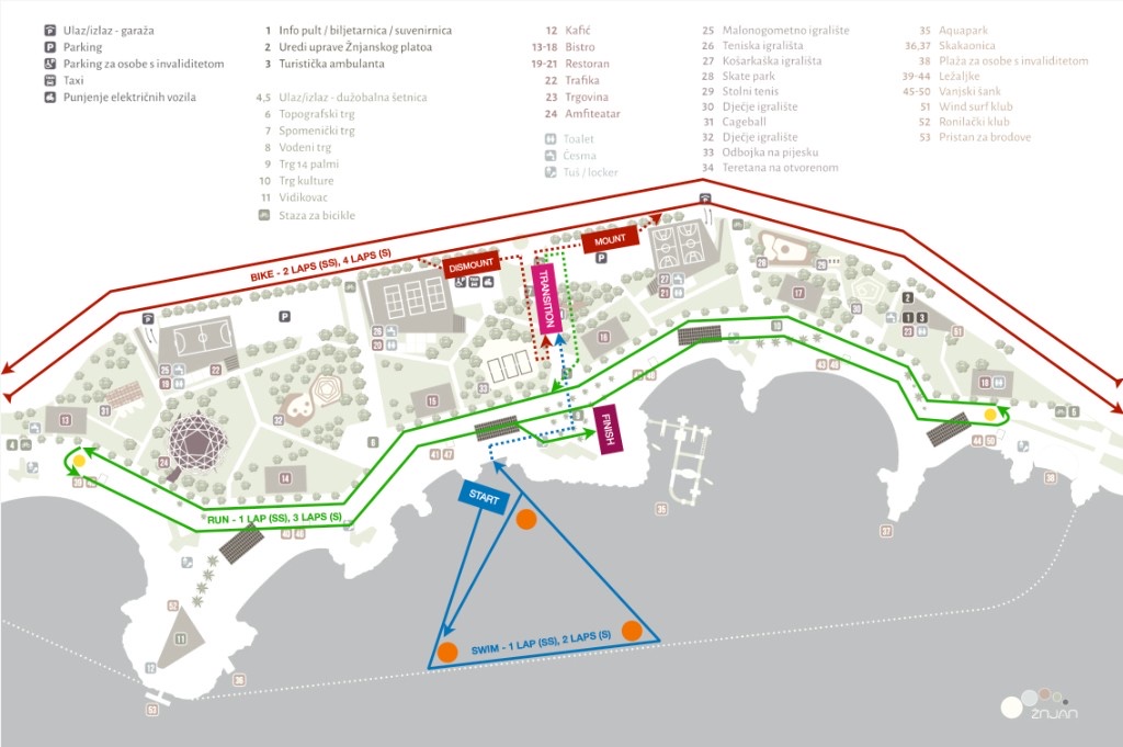 Full Sprint and Supersprint course map at Žnjan — swim, bike, run and transition