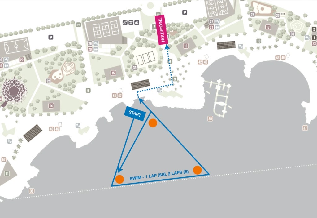 Swim course map at Žnjan — triangular open-water loop into transition