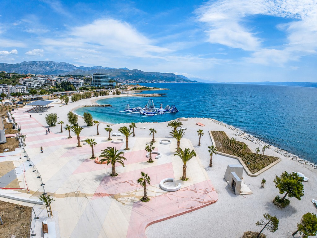 Aerial view of the Žnjan promenade, beach and Adriatic coastline in Split